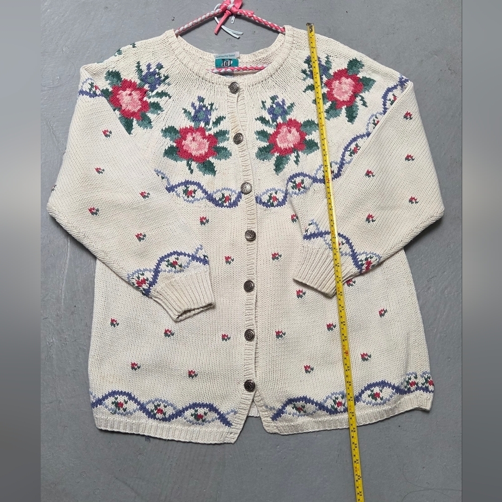 Vintage Tat Floral Hand Knitted Open Cardigan Coastal Sweater Sz L Ramie Blend - Picture 8 of 10